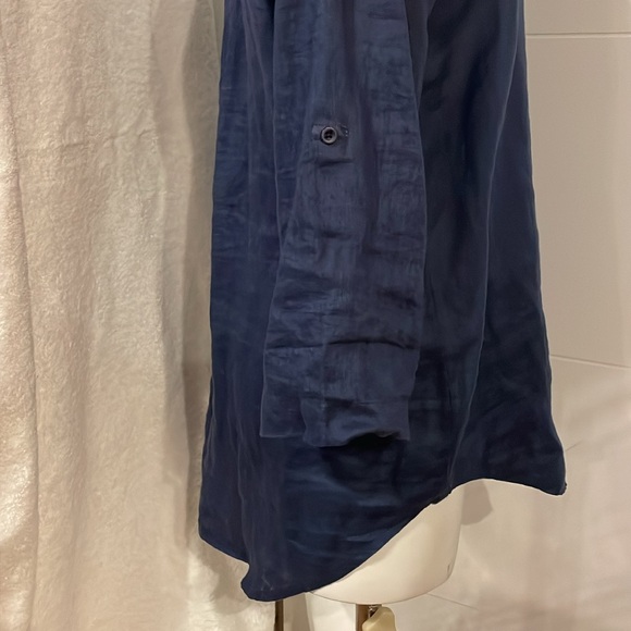 Side Stitch Linen Roll Tab Sleeve V Neck Tunic Blouse Navy Blue Lightweight Sz M - Picture 6 of 13